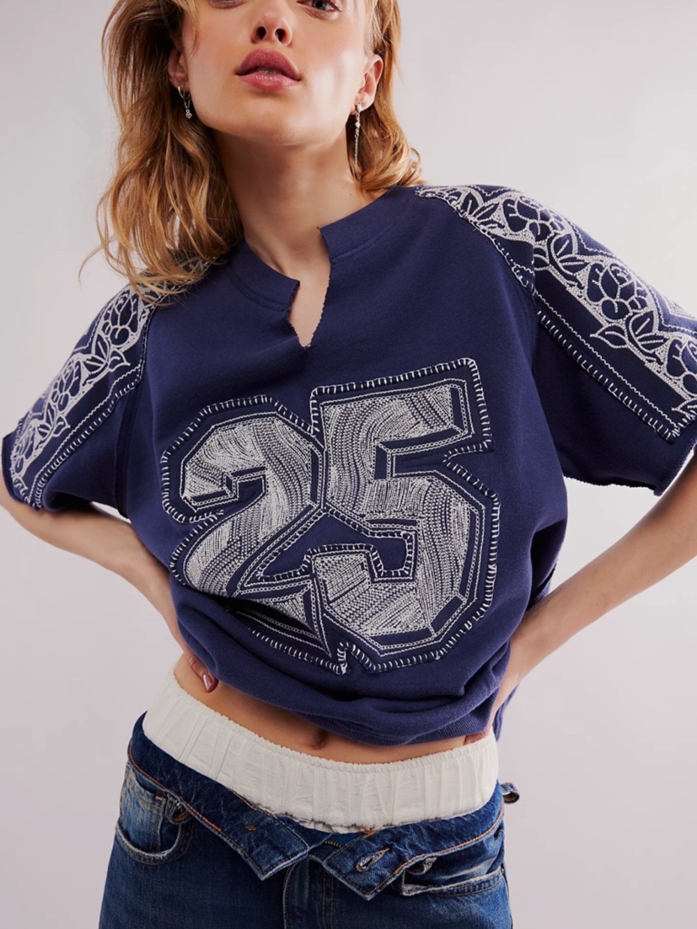 Free People Rose Embroidered '25' Navy Short-Sleeve Sweatshirt Top- M